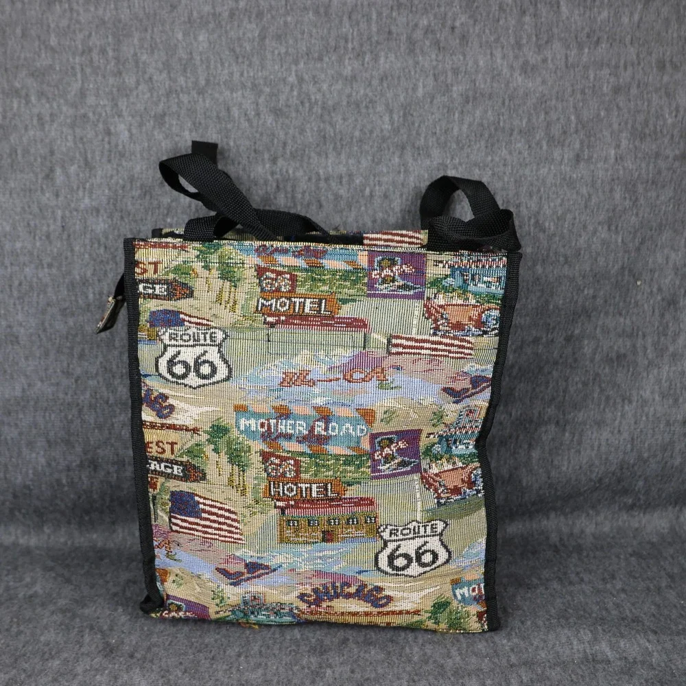 Route 66 Mother Road Tapestry Tote Bag Multicolor Travel Shoulder Zip Top Purse